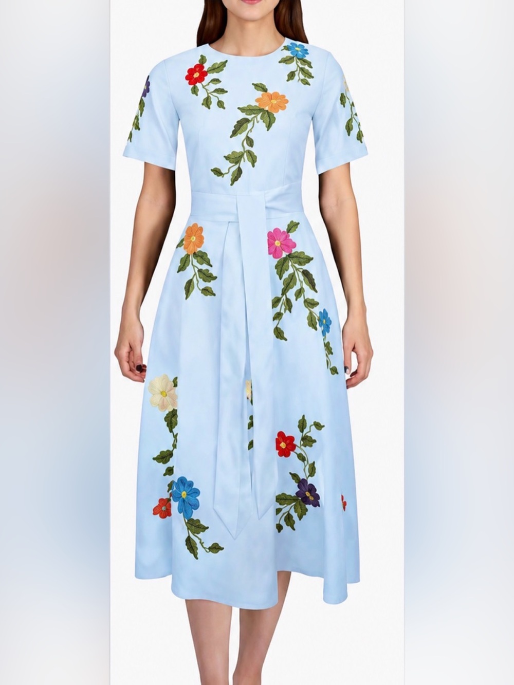 Fanm Mon Jess Floral Embroidered Short Sleeve Belted Midi Dress
